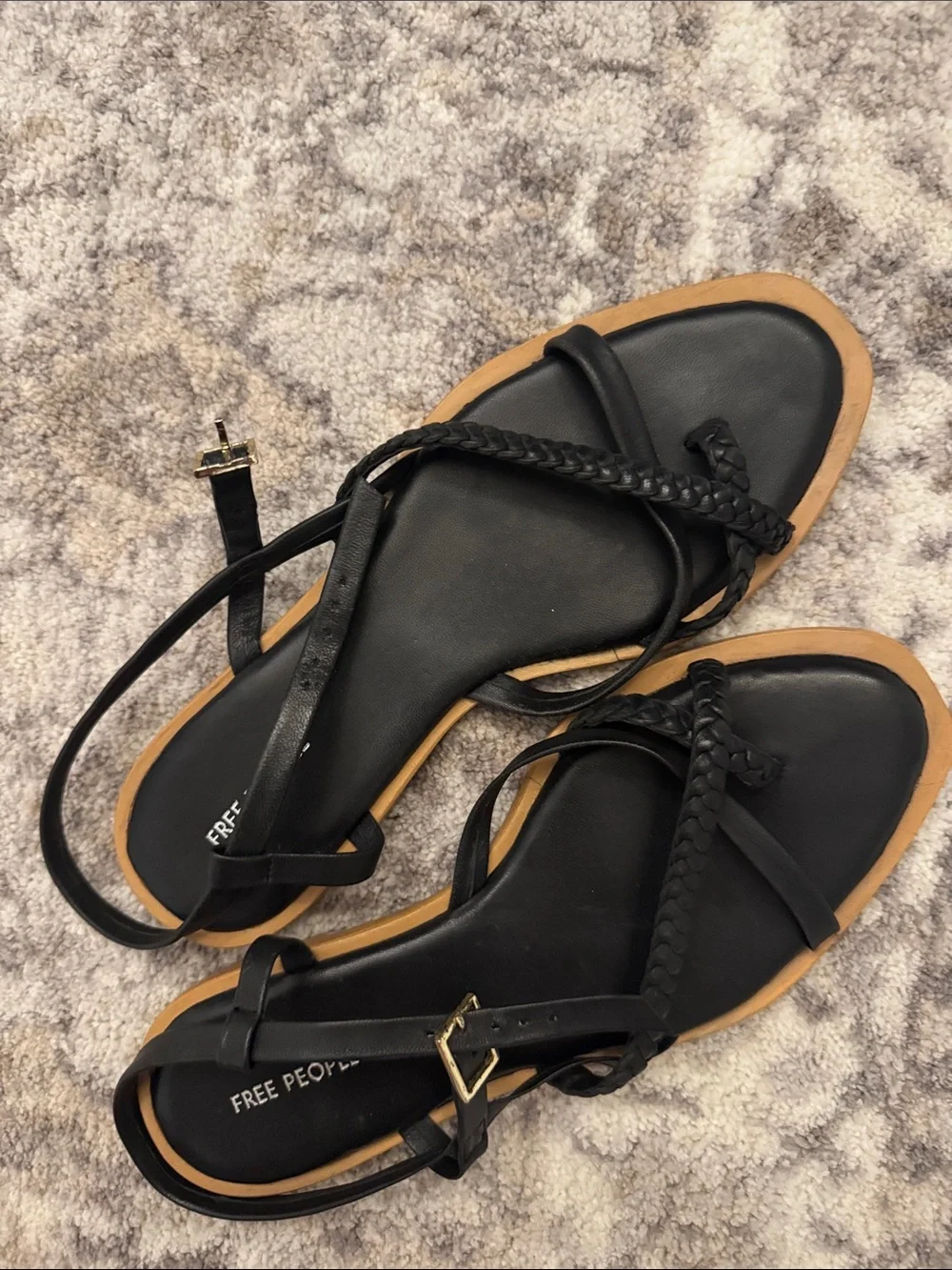 NEW Free People Sunny Days Leather Black Braided Strap Flat Sandals